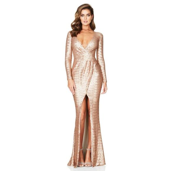 Nookie Cannes Champagne Sequin Gown Size Medium Plunging V-Neck Exquisite Sexy - Picture 1 of 15